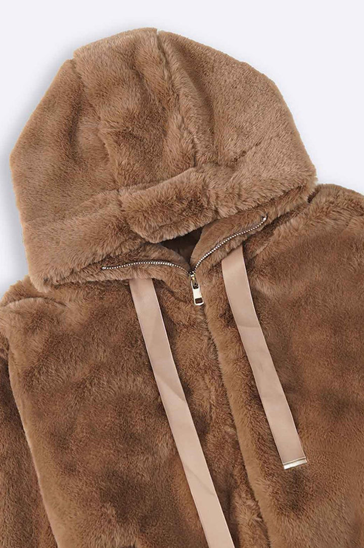 CAMEL SHORT FUR HOODIE