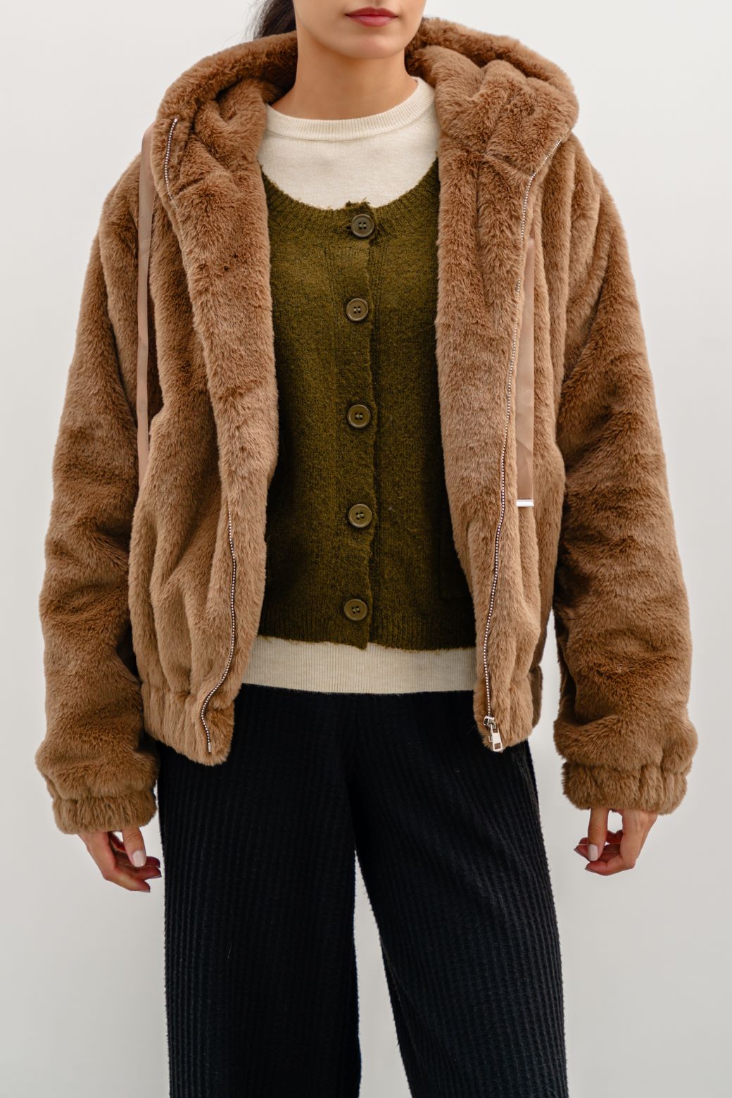 CAMEL SHORT FUR HOODIE