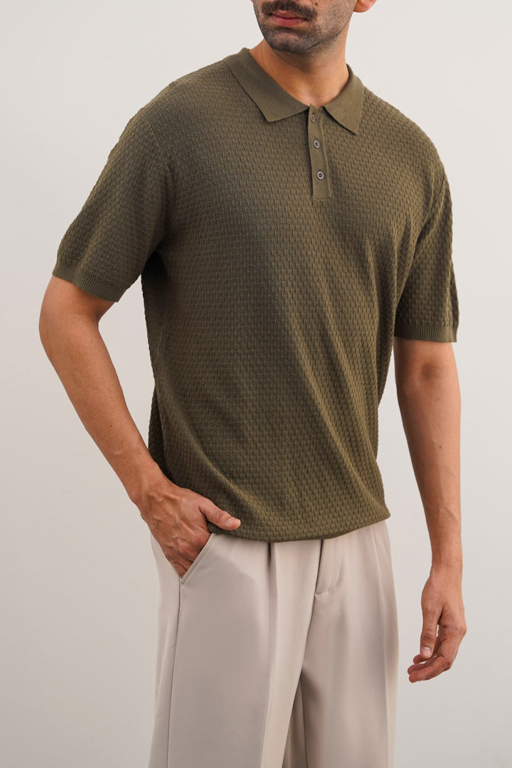 DARK GREEN TEXTURED POLO