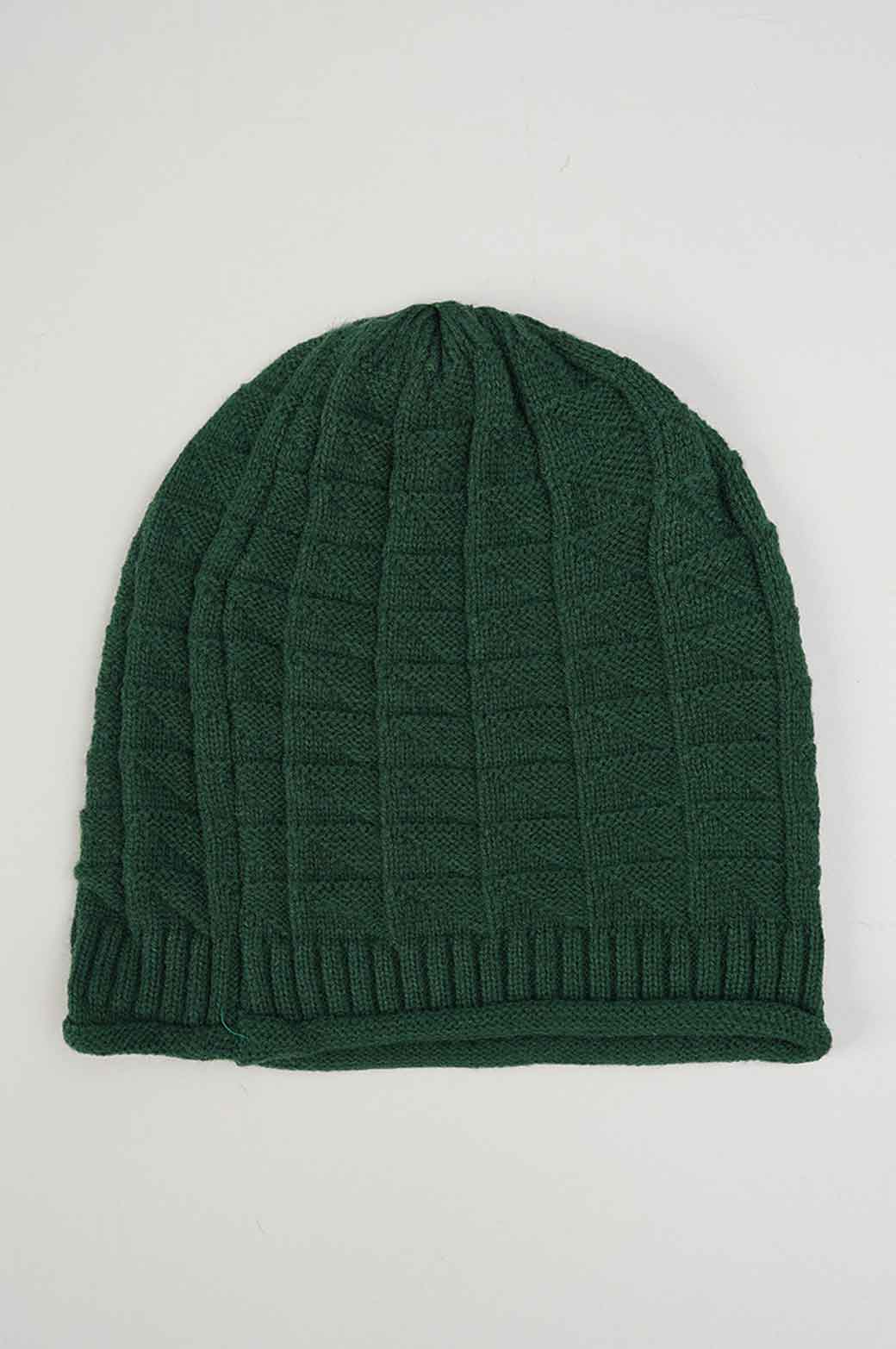 DARK GREEN CROCHET LONG KNIT BEANIE 