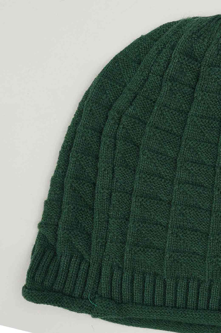 DARK GREEN CROCHET LONG KNIT BEANIE 