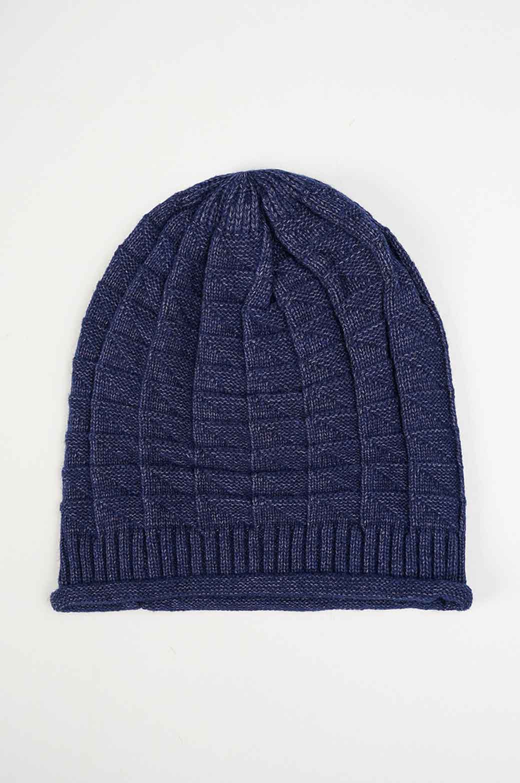NAVY CROCHET LONG KNIT BEANIE 