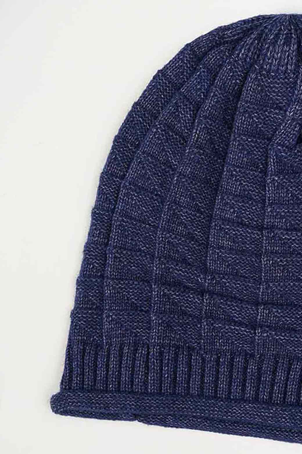 NAVY CROCHET LONG KNIT BEANIE 