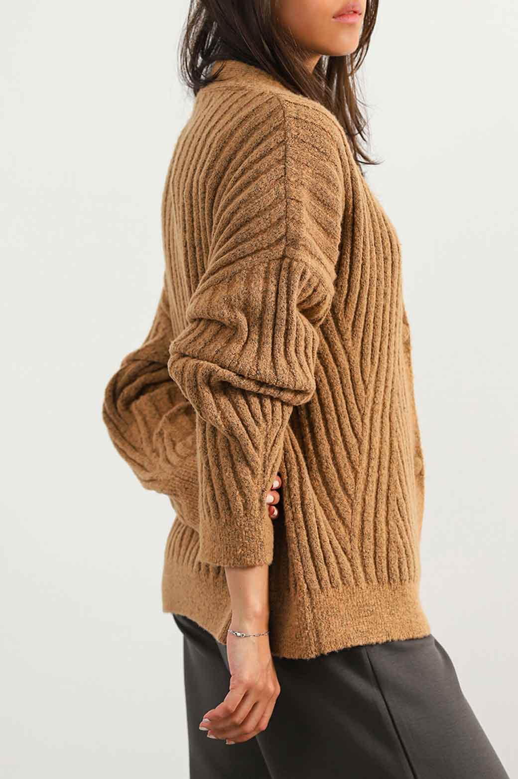 COFFEE RIBBED CARDIGAN