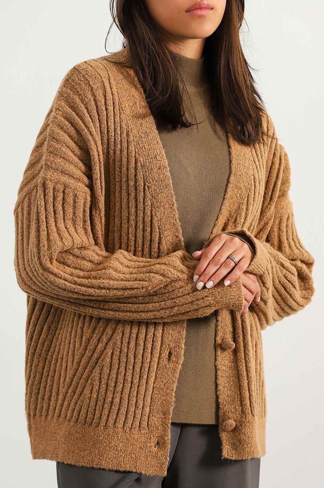COFFEE RIBBED CARDIGAN