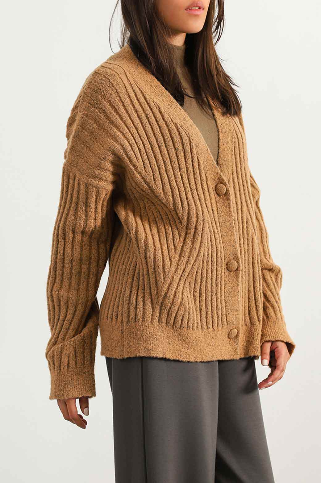 COFFEE RIBBED CARDIGAN