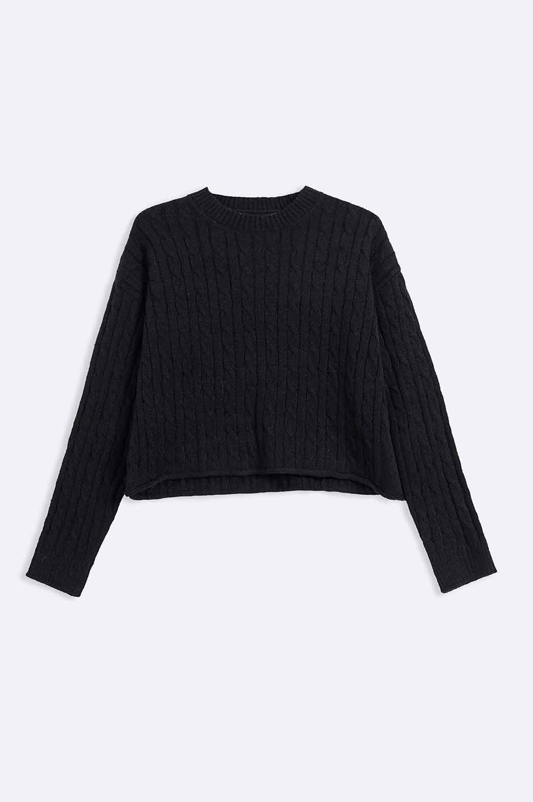 BLACK CABLE-KNIT CROPPED SWEATER