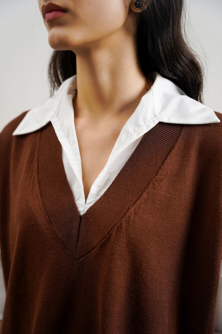 BROWN SWEATER WITH ATTACHED SHIRT