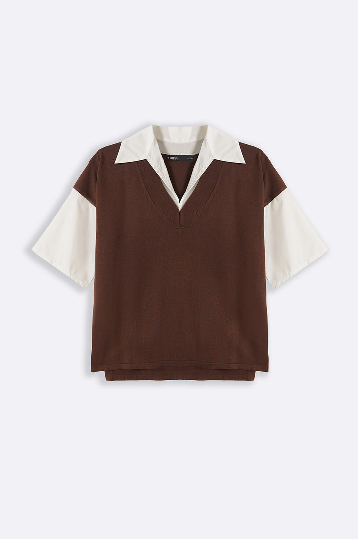 BROWN SWEATER WITH ATTACHED SHIRT