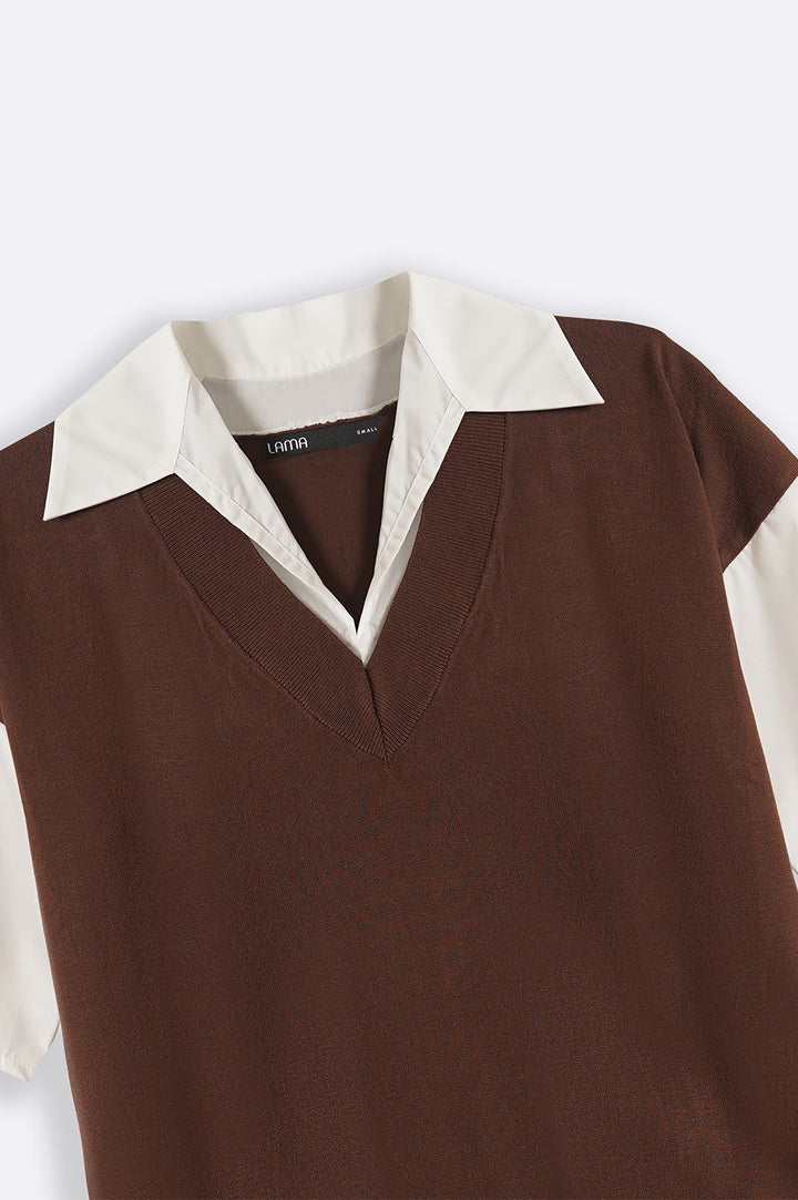 BROWN SWEATER WITH ATTACHED SHIRT