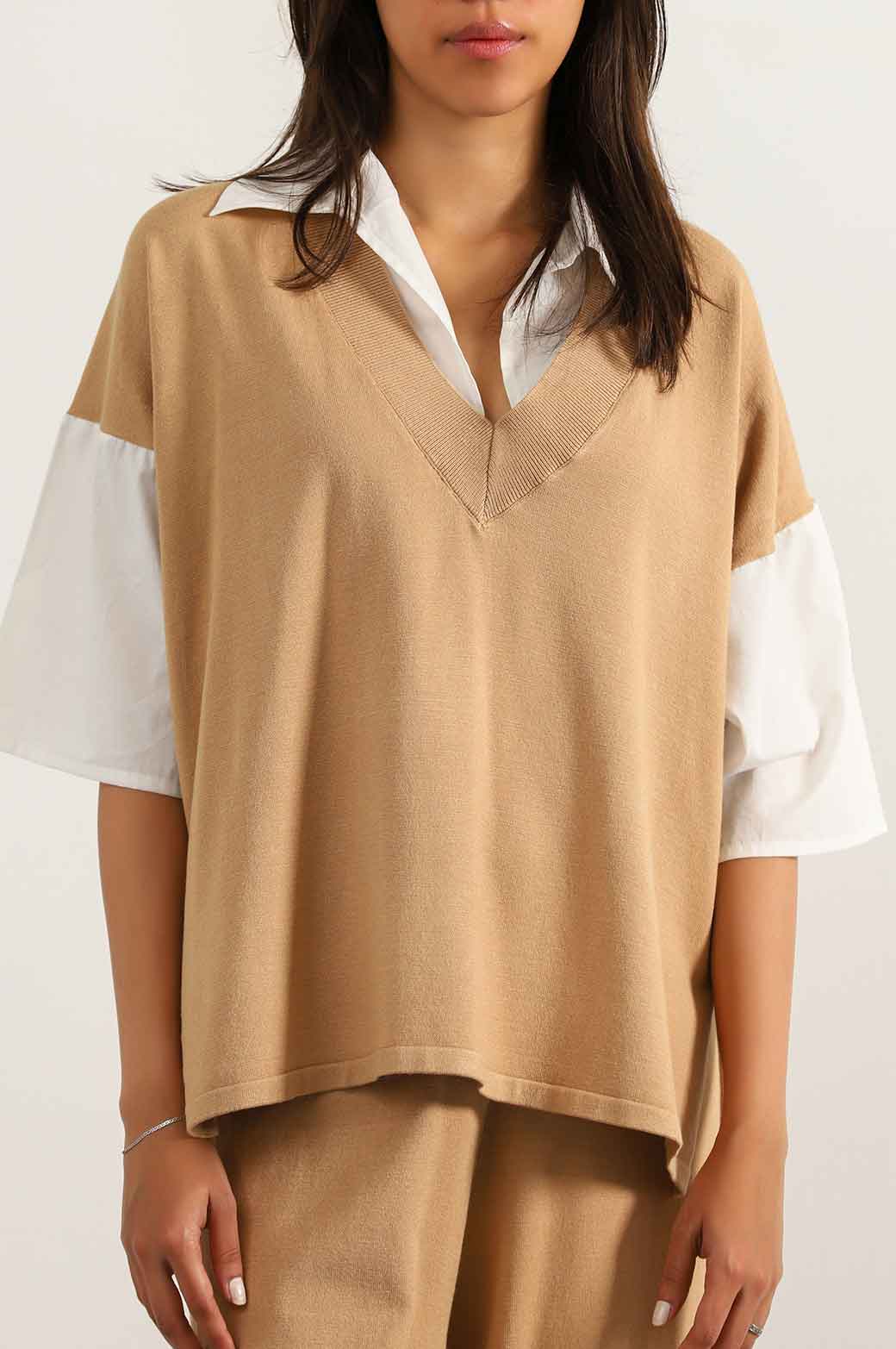 CAMEL SWEATER WITH ATTACHED SHIRT