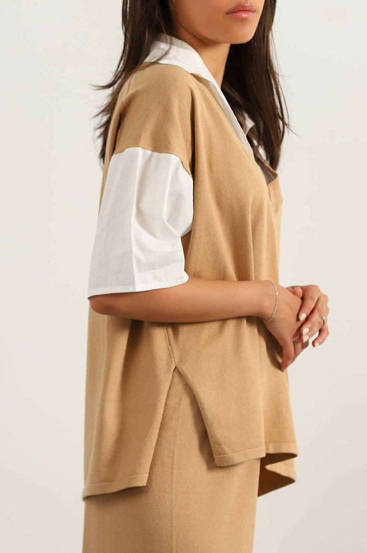 CAMEL SWEATER WITH ATTACHED SHIRT