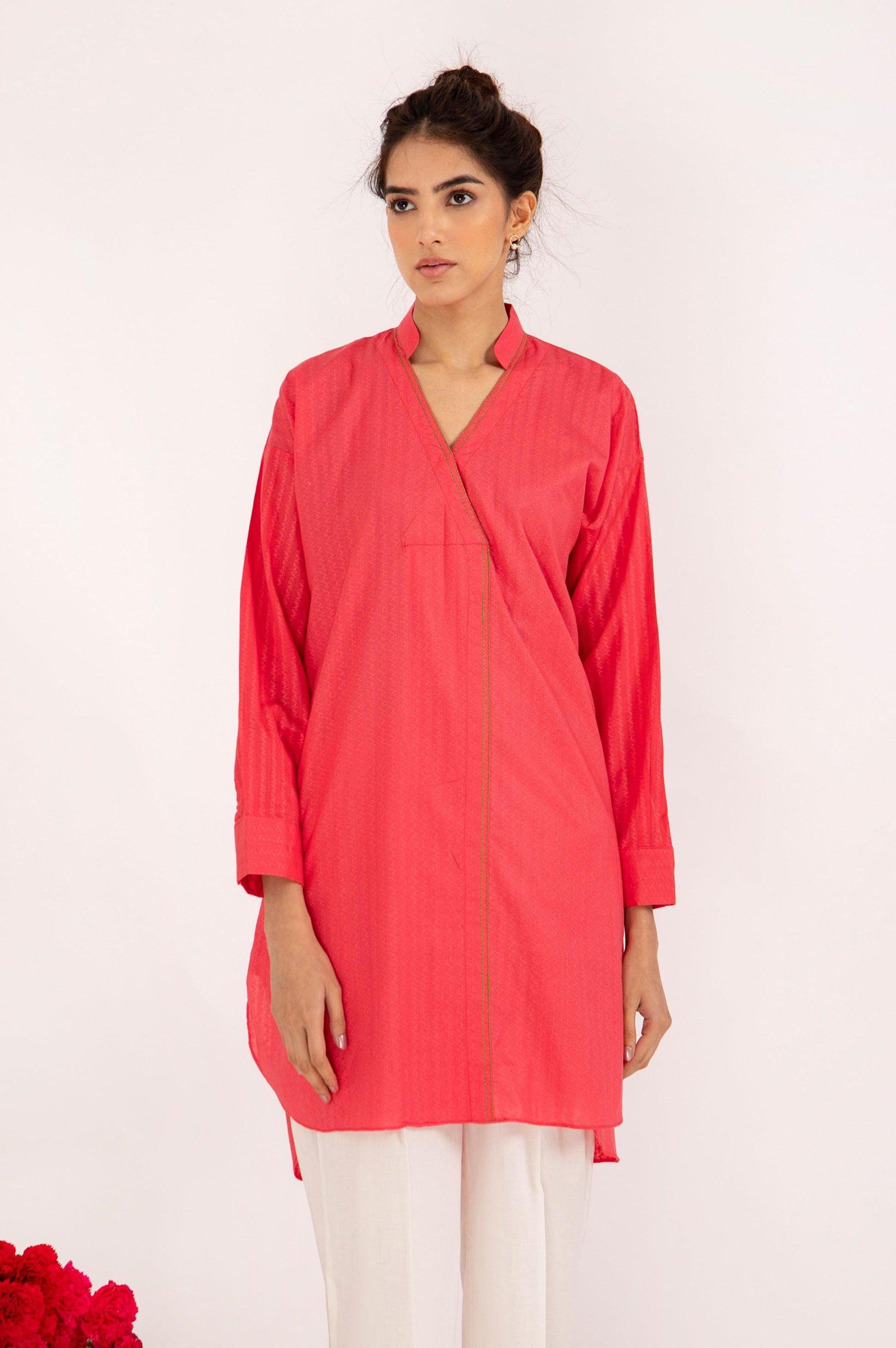 CORAL KURTA WITH CONTRAST STITCH - WOMAN TOPS