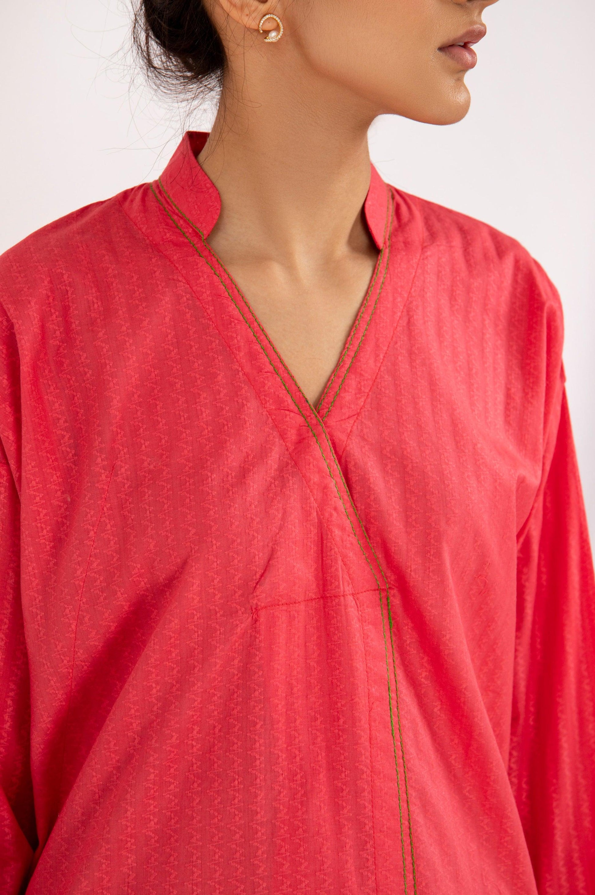CORAL KURTA WITH CONTRAST STITCH - WOMAN TOPS