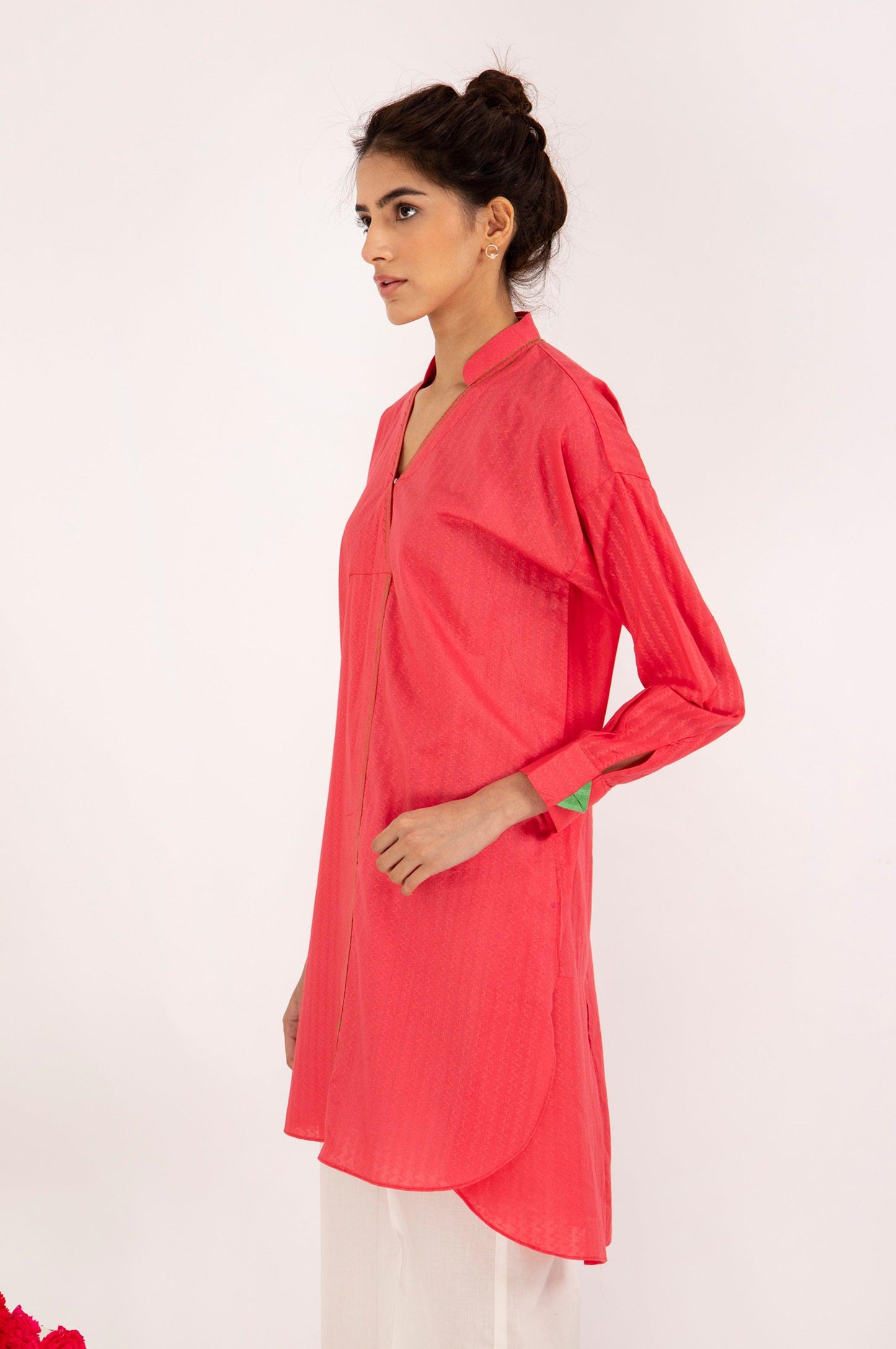 CORAL KURTA WITH CONTRAST STITCH - WOMAN TOPS