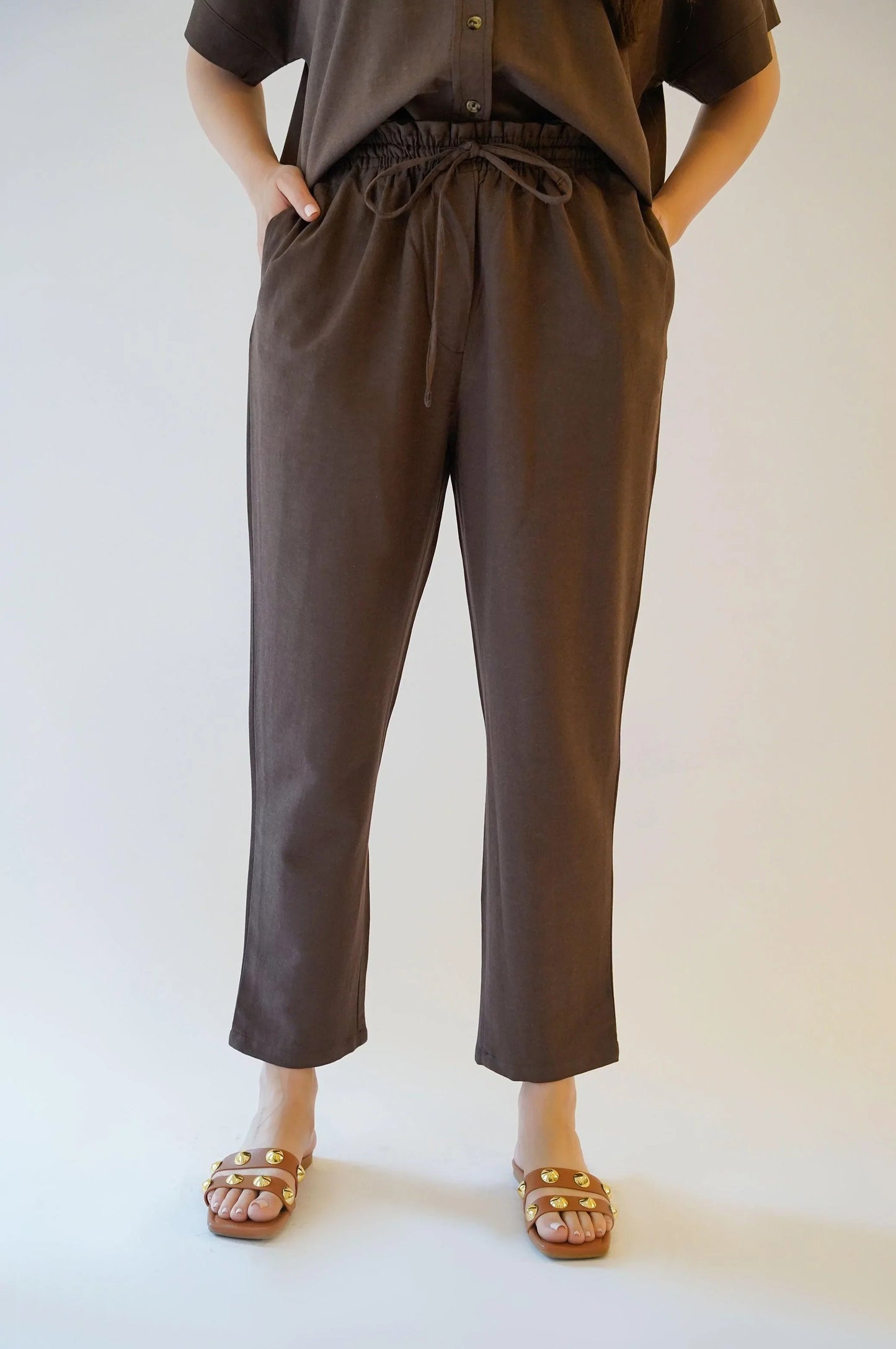 BROWN LINEN PAPERBAG PANTS