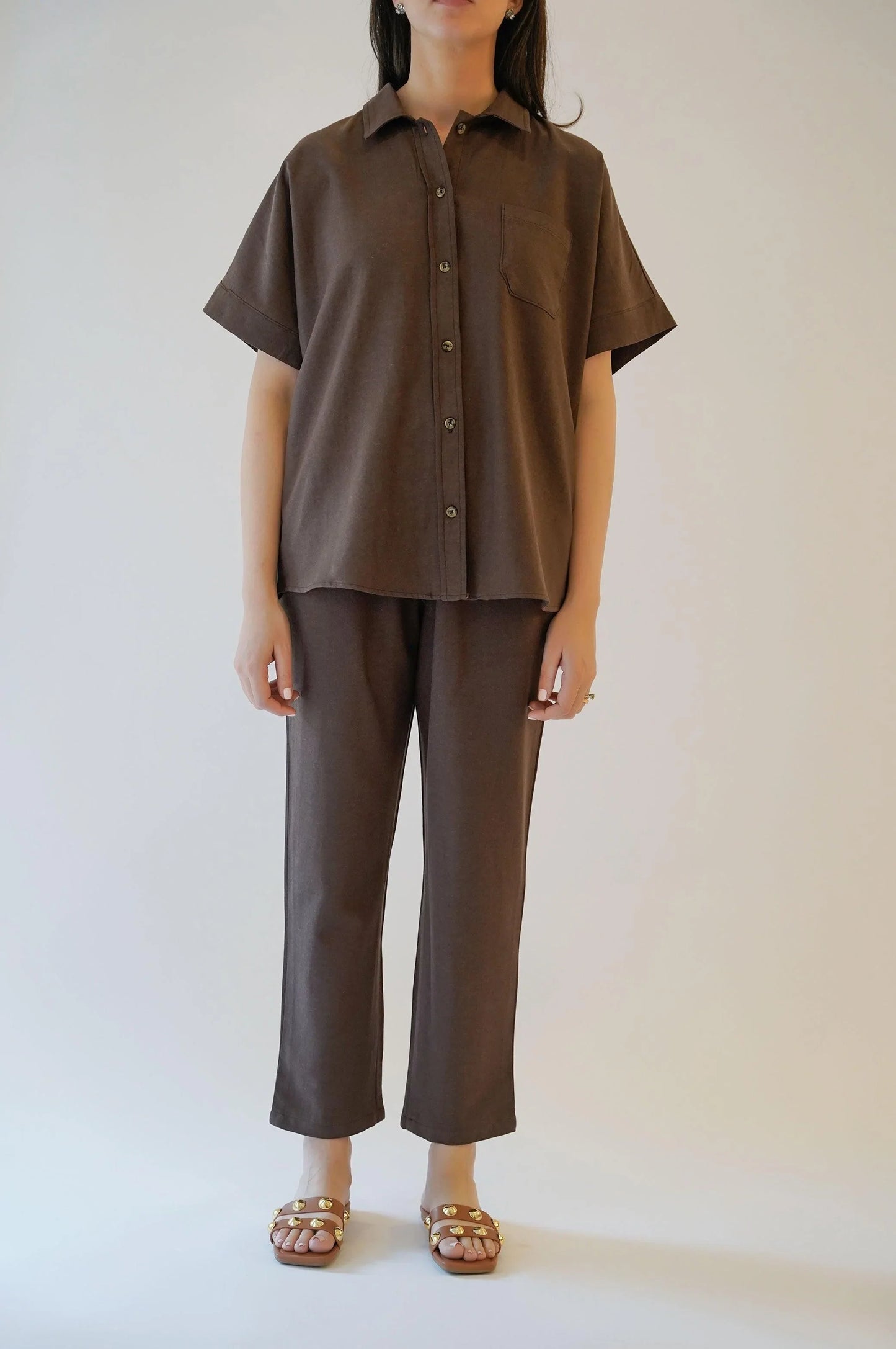 BROWN LINEN PAPERBAG PANTS