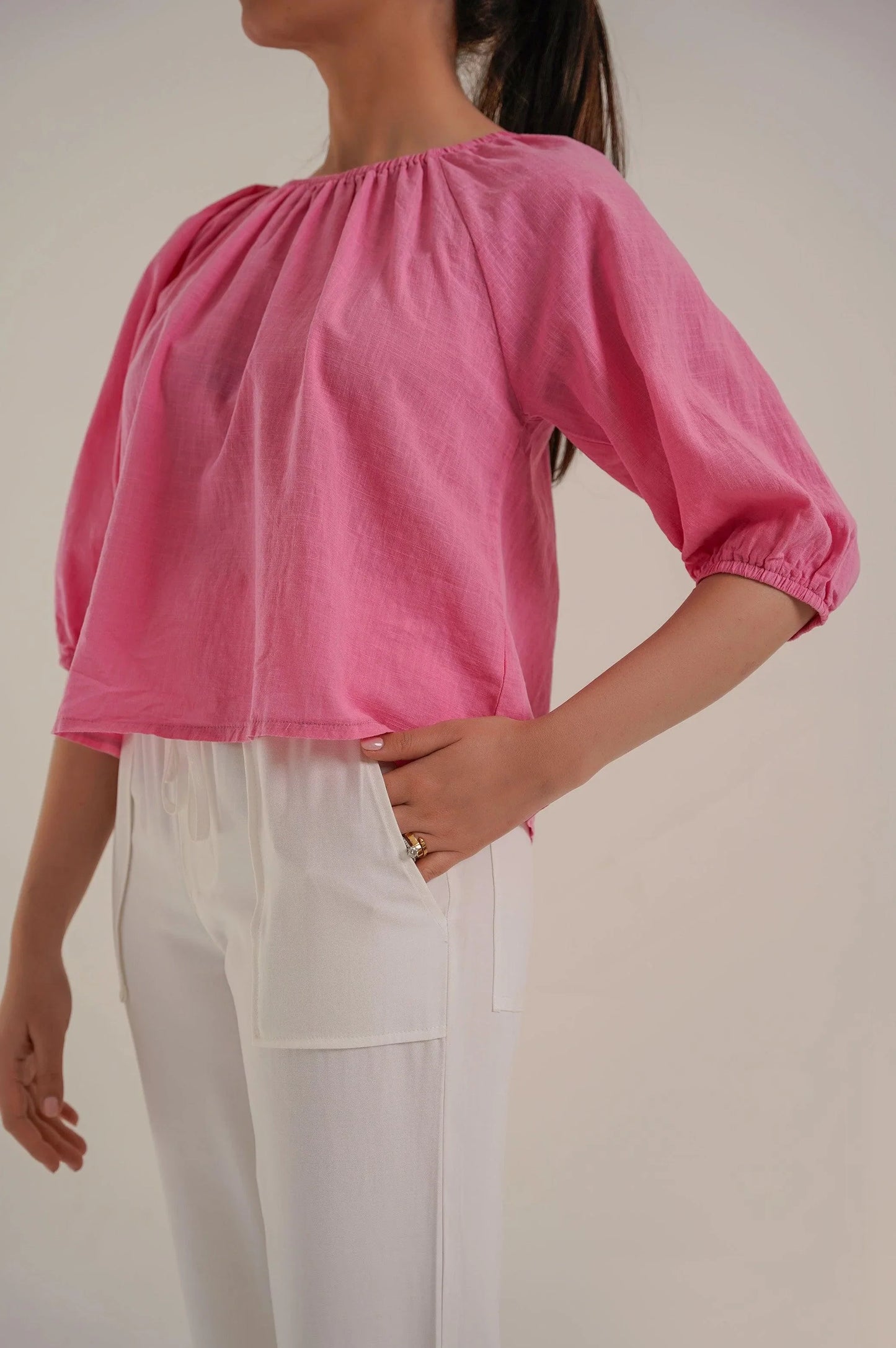 RUCHED COTTON TOP - BLOUSES