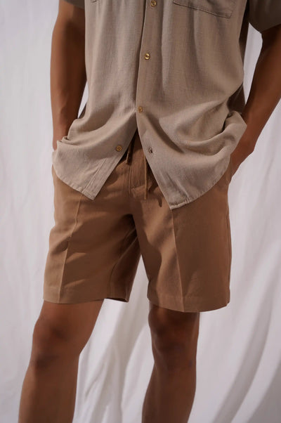 Khaki Linen Drawstring Shorts