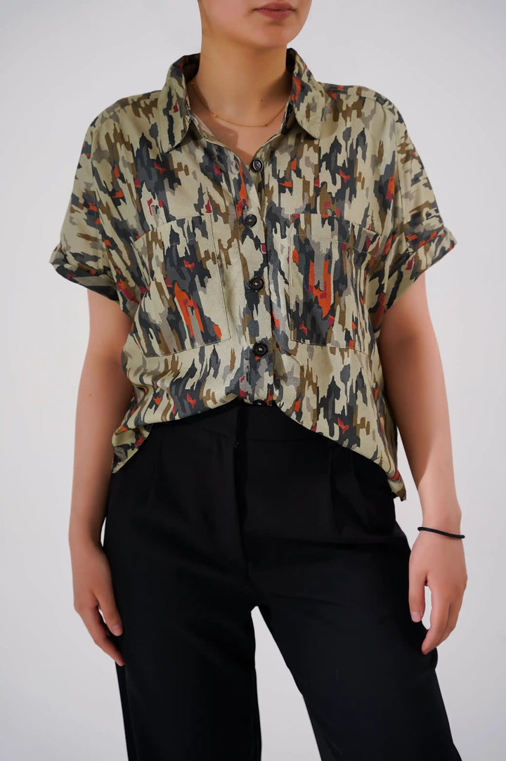 KHAKI WOMAN CAMOUFLAGE PRINTED SHIRT