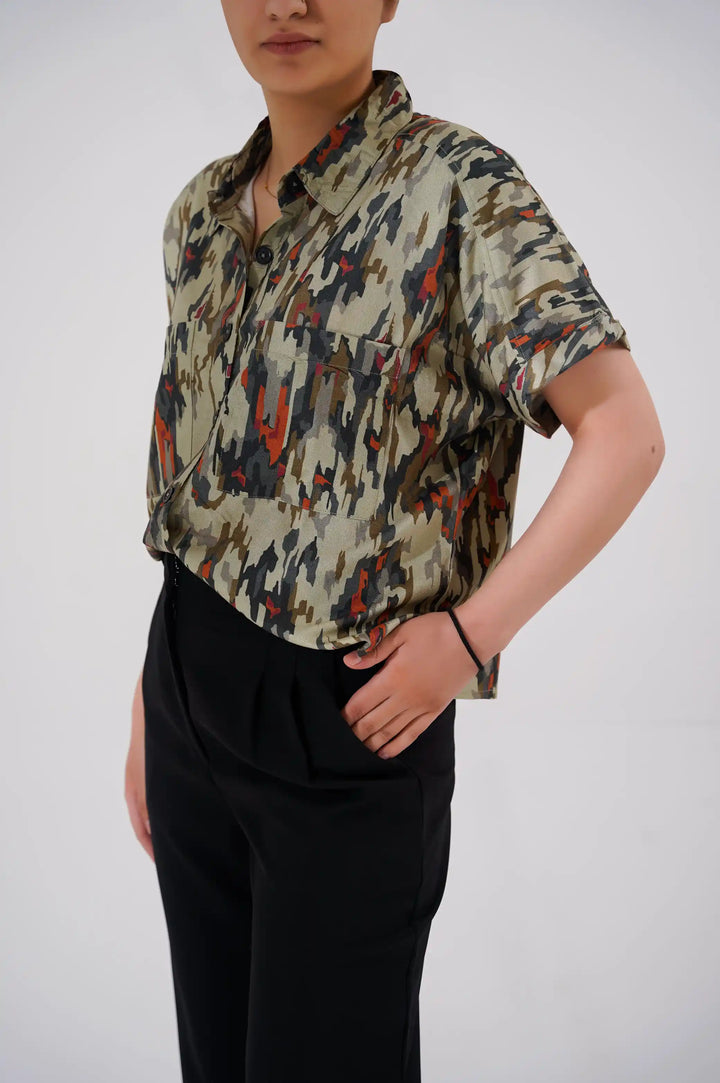 KHAKI WOMAN CAMOUFLAGE PRINTED SHIRT