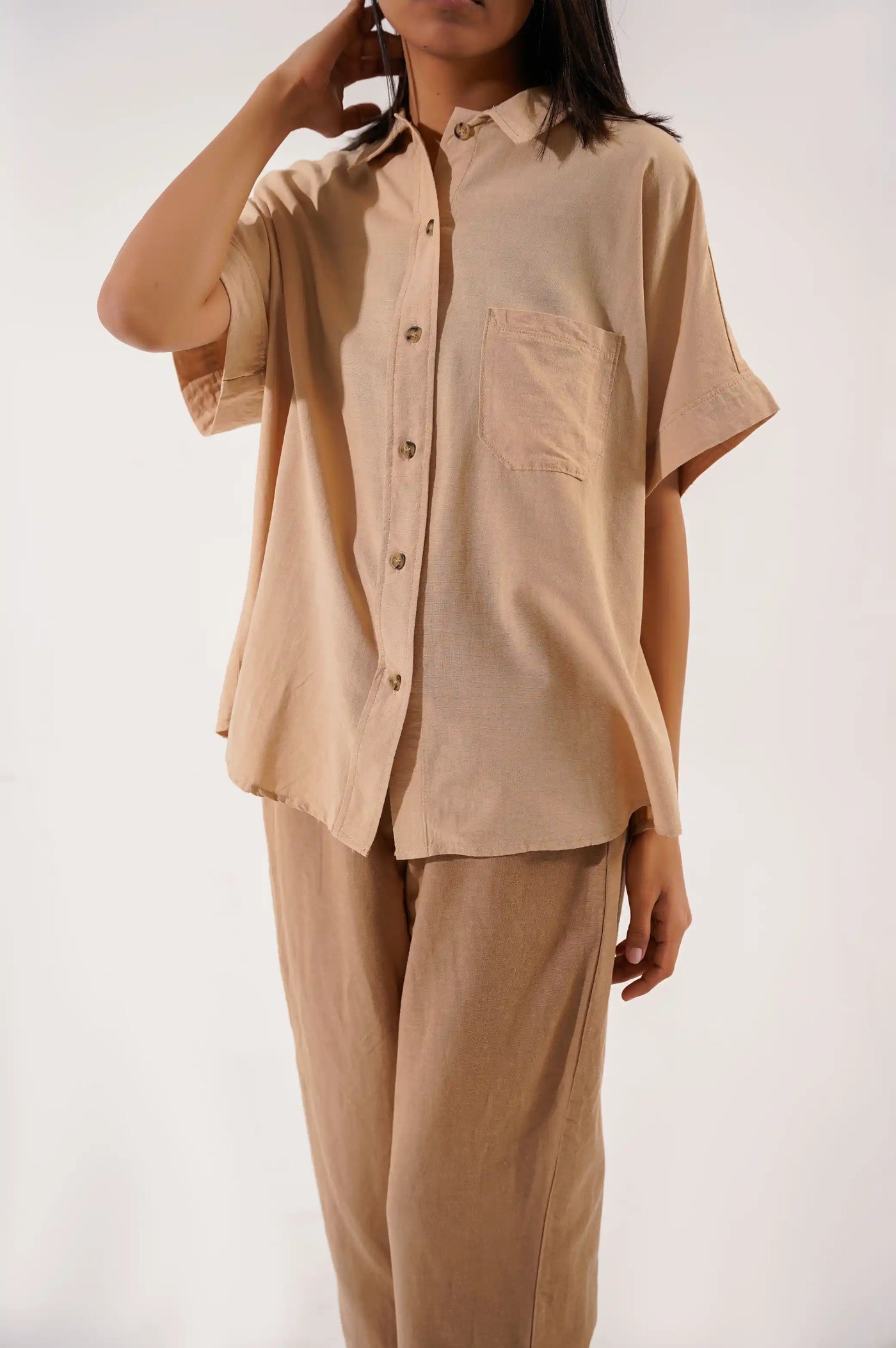 Beige Women Button Down Shirt