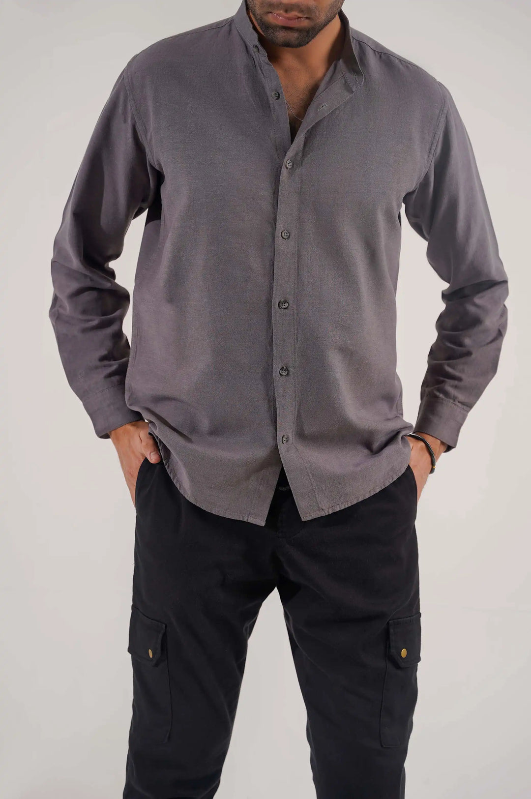 Grey Button Down Shirt with Mandarin Collar
