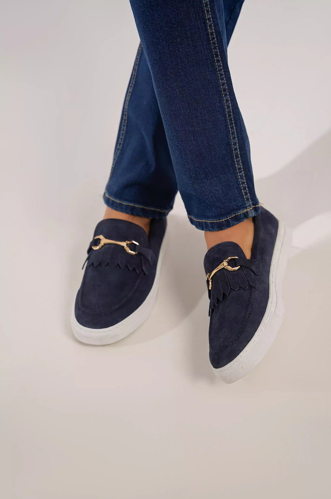 NAVY BUCKLED LOAFERS