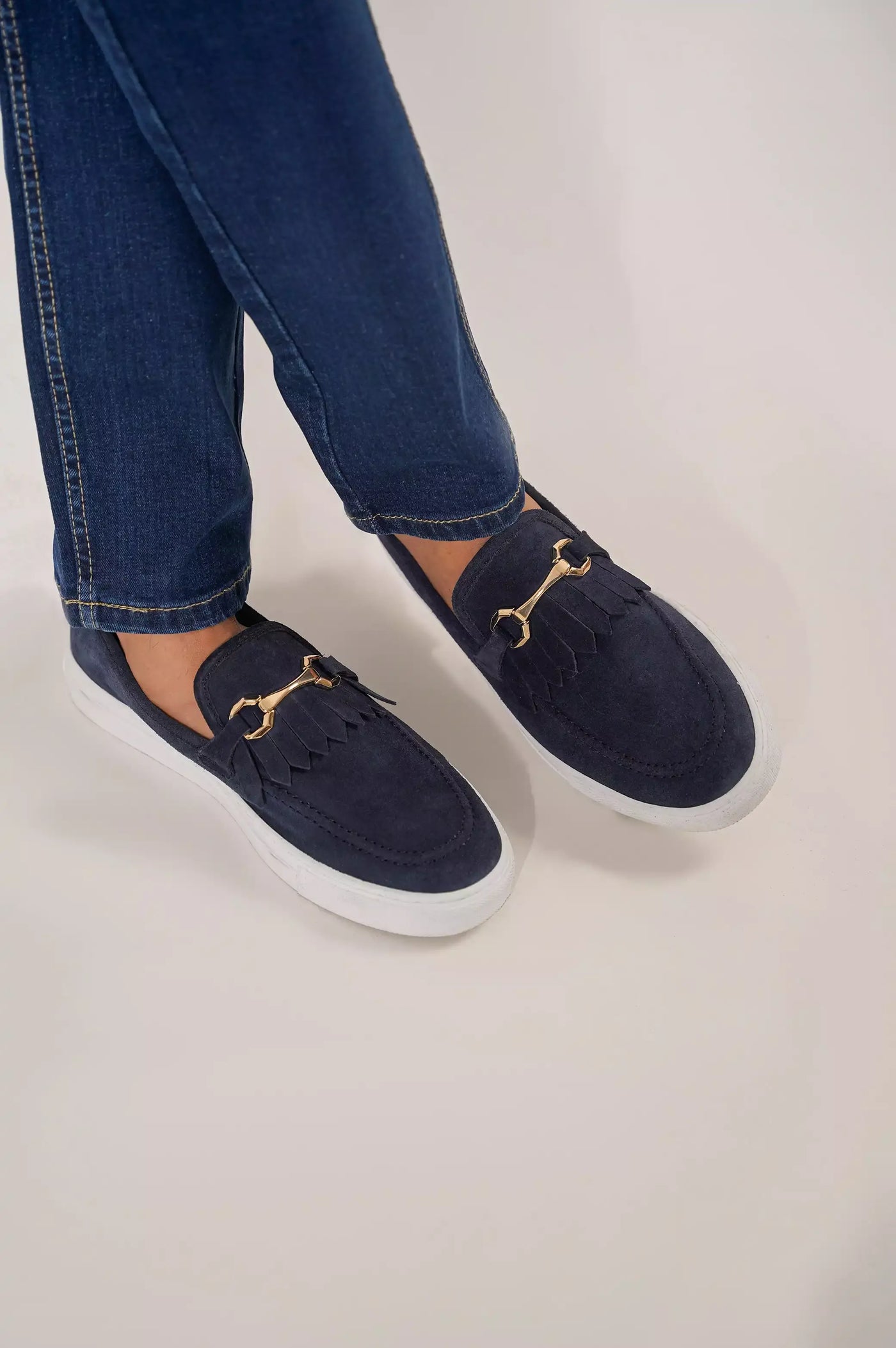 NAVY BUCKLED LOAFERS