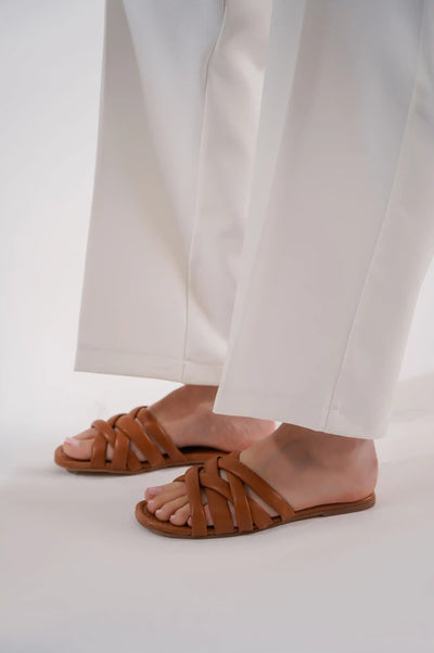 Tan Women Criss Cross Slides