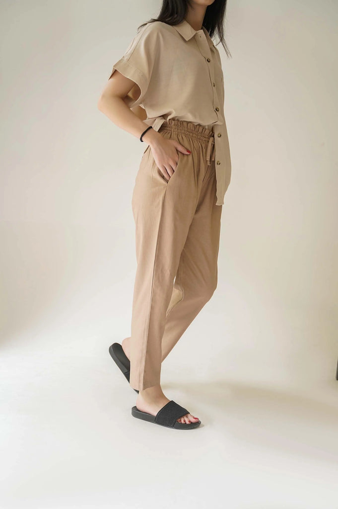 Amalie The Label - Mael Linen Blend High Waisted Tapered Pants in Khaki |  Showpo USA
